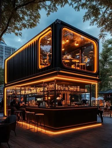 an outdoor bar is lit up at night with bright lights on the outside and inside