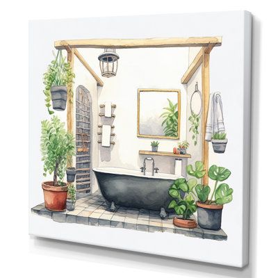 a watercolor painting of a bathroom with potted plants on the floor and a bathtub