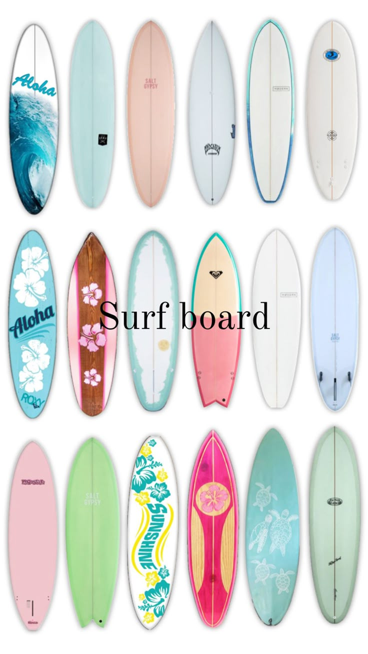 a bunch of surfboards that are all different colors and sizes, with the words surfboard above them