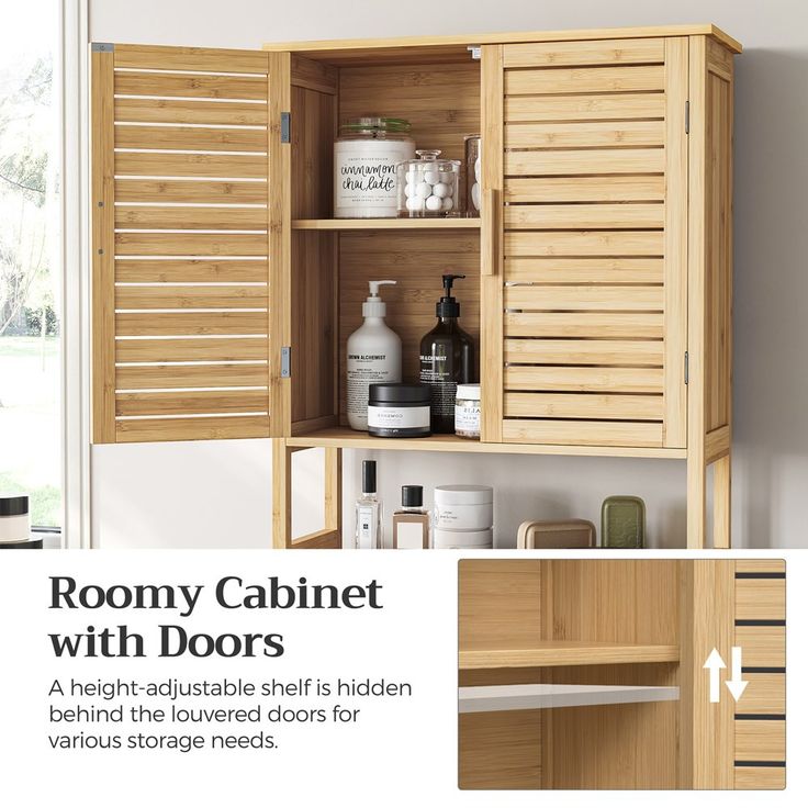 an open cabinet with doors and shelves in it