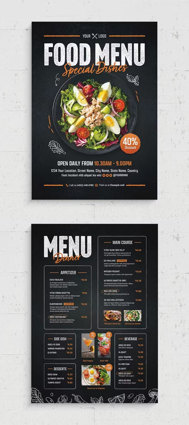 a restaurant menu with an image of a salad on the front and side, in black