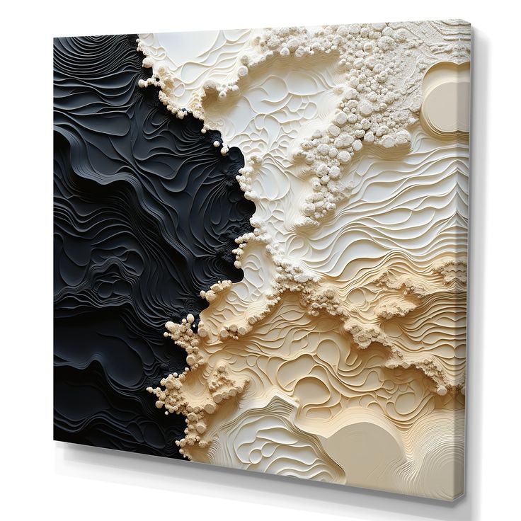 an abstract painting with black, white and gold colors on the wall in front of it