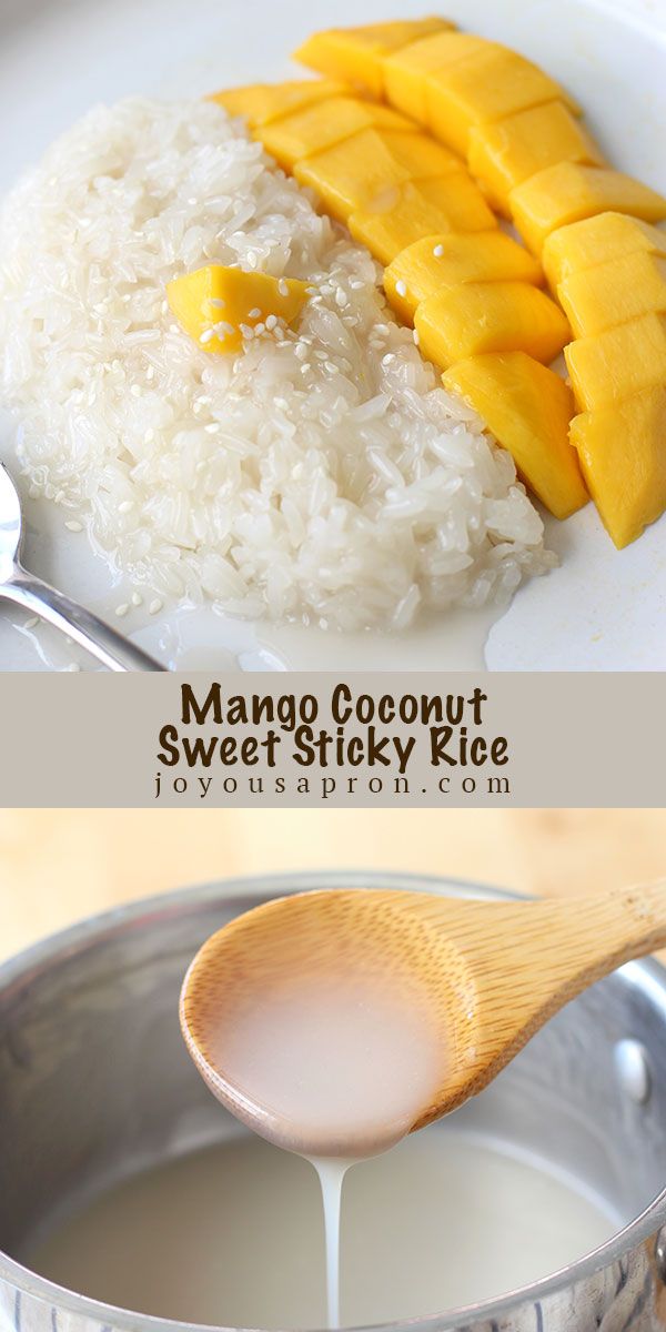 mango coconut sweet sticky rice in a pan with a wooden spoon next to it and the recipe below