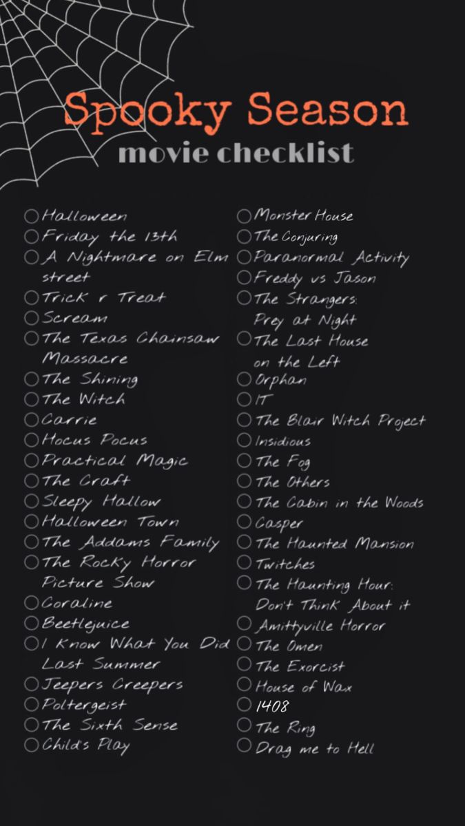 the spooky season movie checklist is shown on a black background with spider web