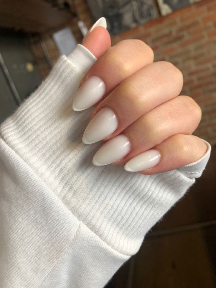 Beautiful Milky Nails #nails #milkynails #white #frenchnails Almond Nails Marshmellow, White Pearl Nails By Skin Tone Range, Wedding Nails For Bride Almond Shape White, White On White Almond French, Milky White French Tip Nails Short, Formal White Nails, White On White French Manicure Almond, Milky White Spring Nails, Milky White Powder Nails