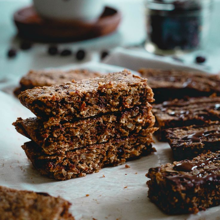 chocolate and oatmeal bars stacked on top of each other