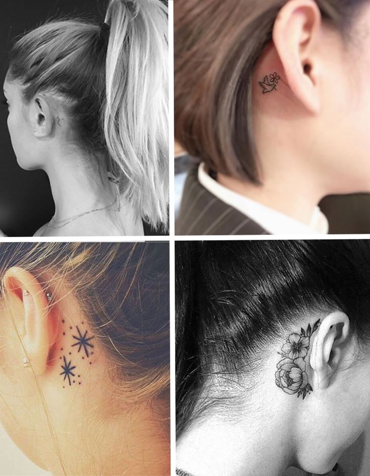 four different pictures of the same woman's ear and neck with tattoos on them