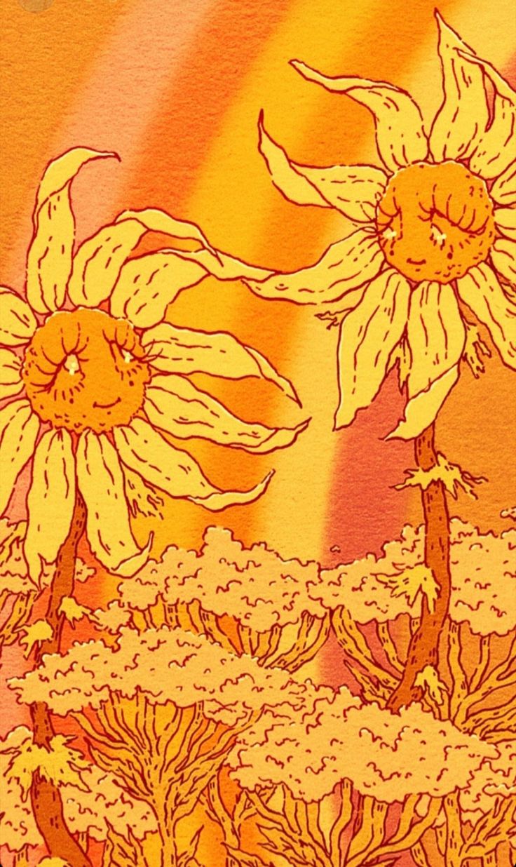 an orange background with sunflowers and a rainbow