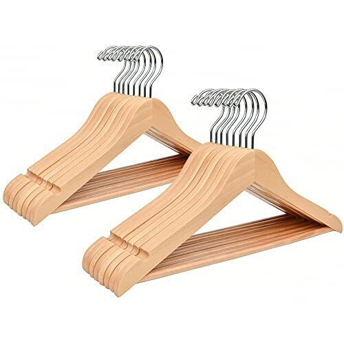 two wooden clothes hangers with metal clips