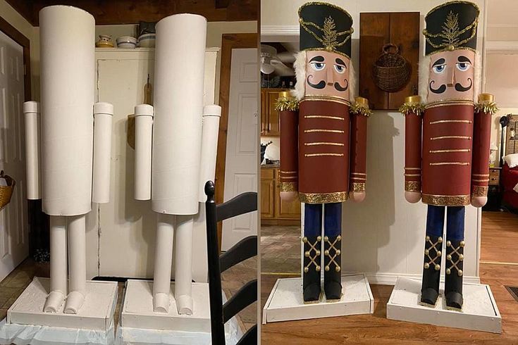 two wooden nutcrackers standing next to each other in front of a mirror