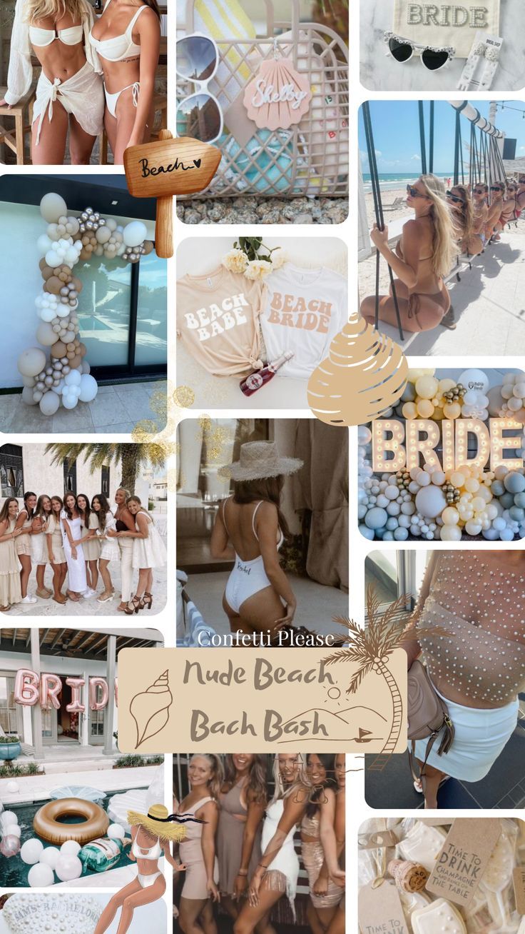 the collage shows different images of brides and bridal party guests in white outfits