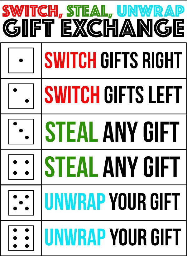 a poster with the words switch, steal, unwrap and gift exchange on it