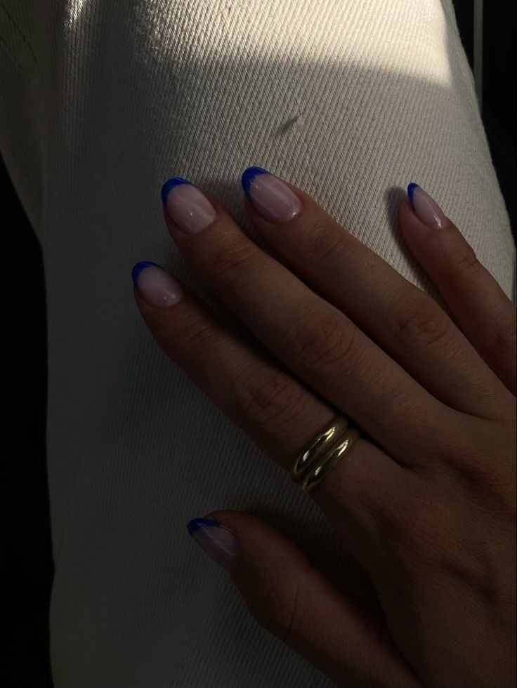 Short French Blue Nails, Navy Tips Nails Almond, Sapphire French Tip Nails, Dark Blue Cute Nails, Royal Blue Gel Nails Almond, Blue Nails Inspiration Short, Cobalt Blue Tip Nails, Nails Spring 2024 Blue, Short Almond Acrylic Nails Design Blue