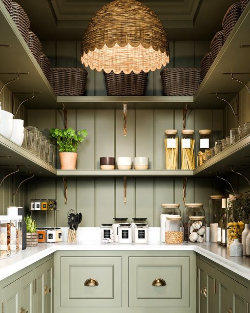 a kitchen with green cupboards and white counter tops, baskets on the shelves above