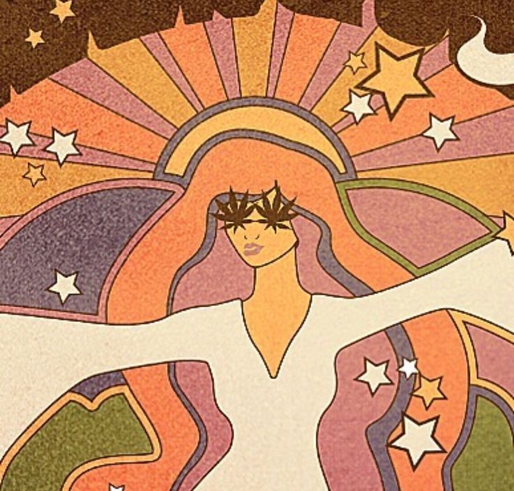 a woman with her arms spread out in front of stars and the sun above her