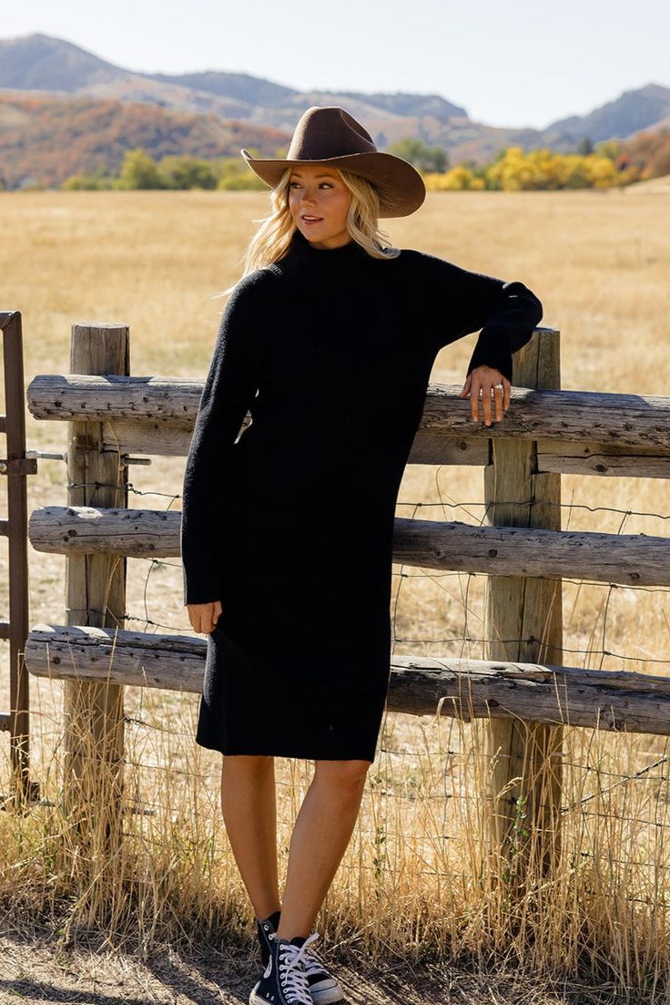 A classic black turtleneck sweater dress never goes out of style. The Love of My Life features cozy sweater material and the perfect modest length. Pair with sneakers, boots, and your favorite wide brim hat. // paired with the teddy cattleman hat in saddlebrown Cattleman Hat, Black Turtleneck Sweater Dress, Black Turtleneck Sweater, Turtleneck Sweater Dress, Saddle Brown, Black Turtleneck, Sweater Material, Cozy Sweater, Wide Brimmed Hats