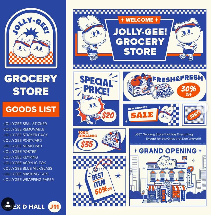 an advertisement for grocery store with cartoon characters on the front and back pages, which are blue