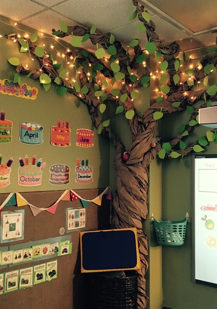 a bulletin board and tree decorated with lights