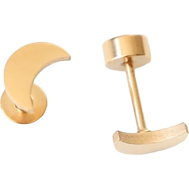 two pairs of gold tone earrings with curved posts on each side, one in the shape of a crescent