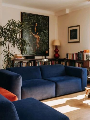 a living room filled with blue couches next to a book shelf full of books