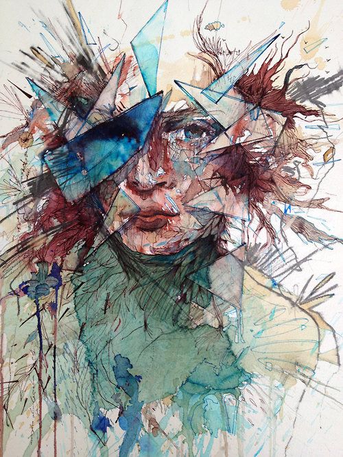 a drawing of a woman's face with blue and red paint splatters on it