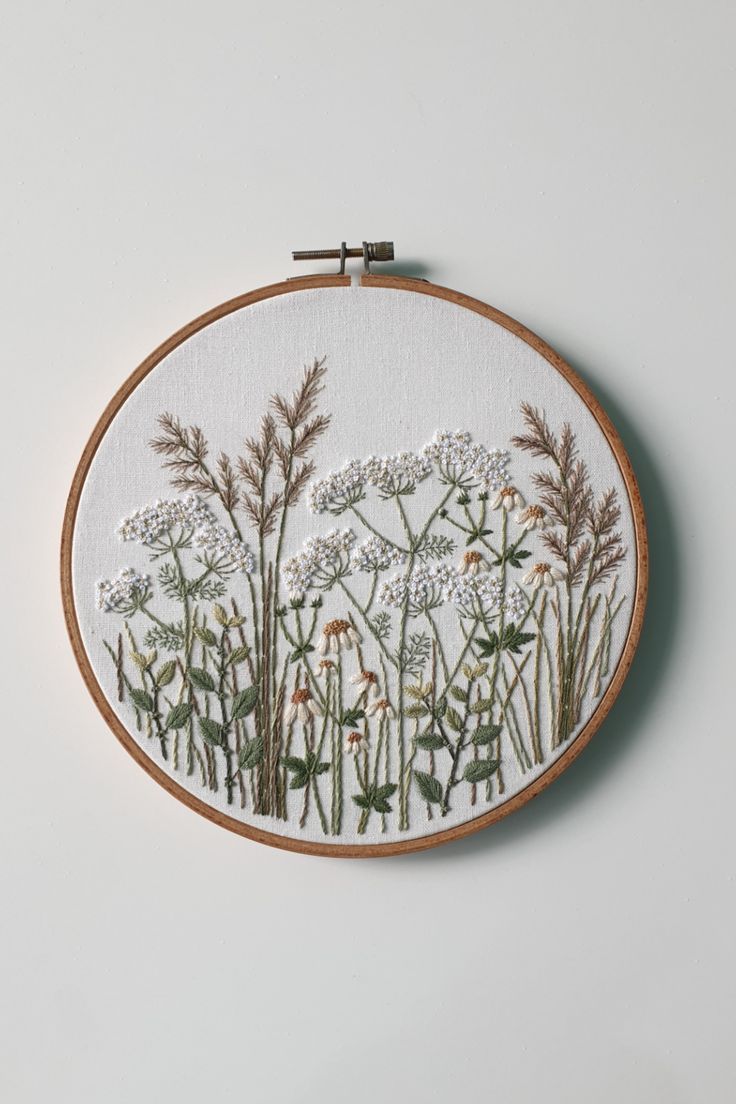 a white wall hanging with embroidery on it and flowers in the center, along with two small hooks