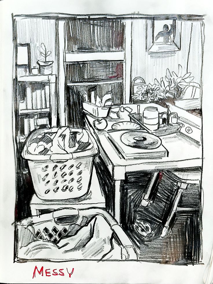 a drawing of a messy kitchen with pots and pans