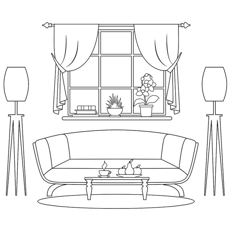 a drawing of a living room with couches, tables and lamps in front of a window