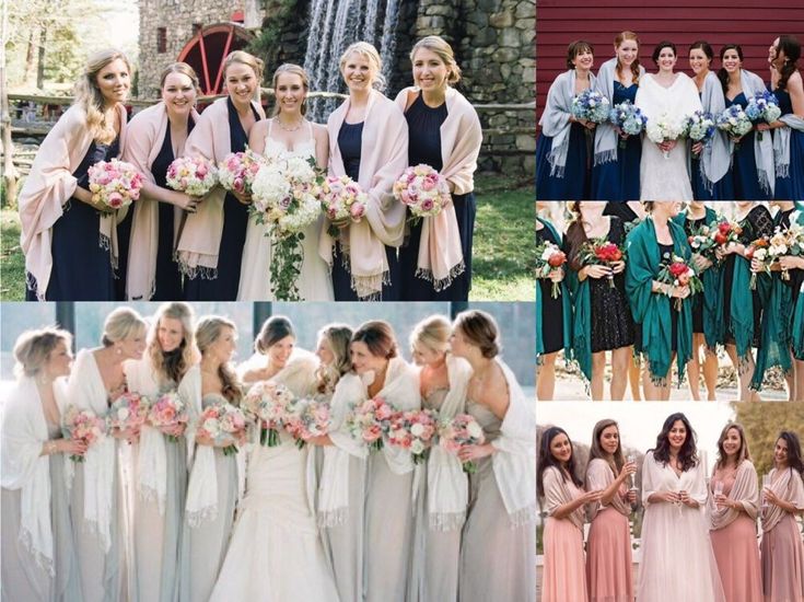 bridesmaid dresses and bouquets in different colors, sizes and styles for the bride