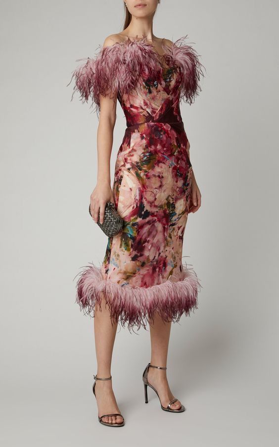 Silk And Feather Dress, Feather Trim Dress, Marchesa Dresses, Dress With Feathers, Printed Silk Dress, Strapless Evening Dress, Silk Dresses, Atelier Versace, Naeem Khan