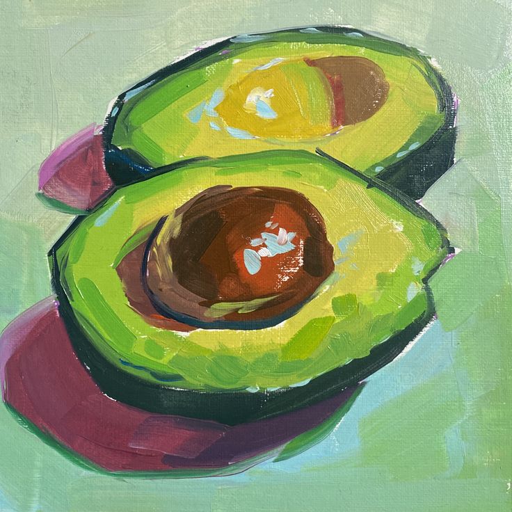 an acrylic painting of two avocados on a green background