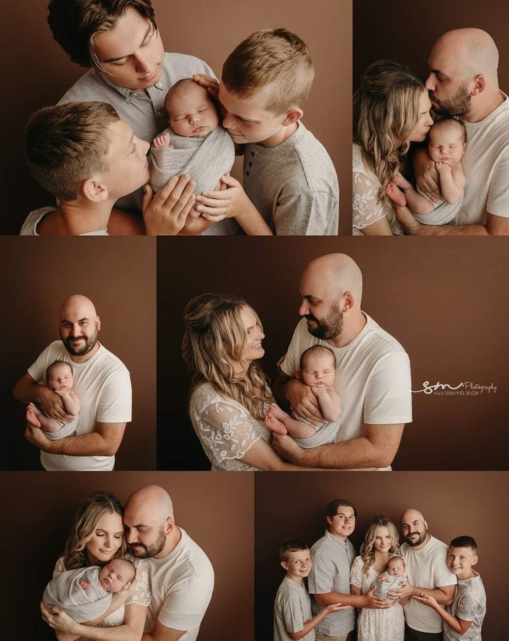 a collage of photos showing a man and woman holding their baby in his arms