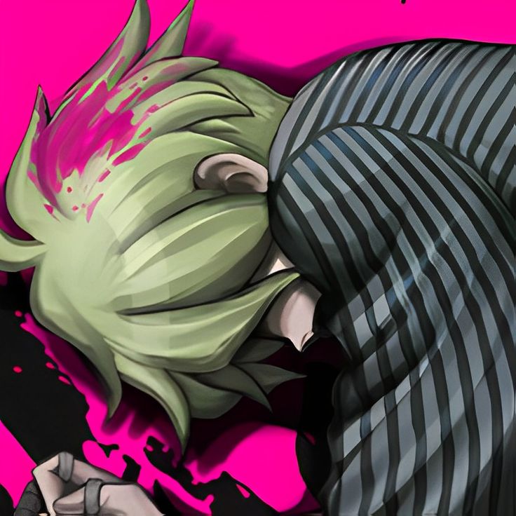 an anime character with green hair and striped clothes, holding his head in his hands