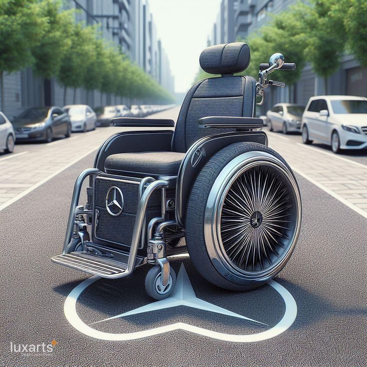 an image of a wheelchair on the road with cars in the street and buildings behind it