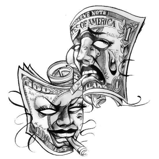 a drawing of two faces with money coming out of their mouths and the other side