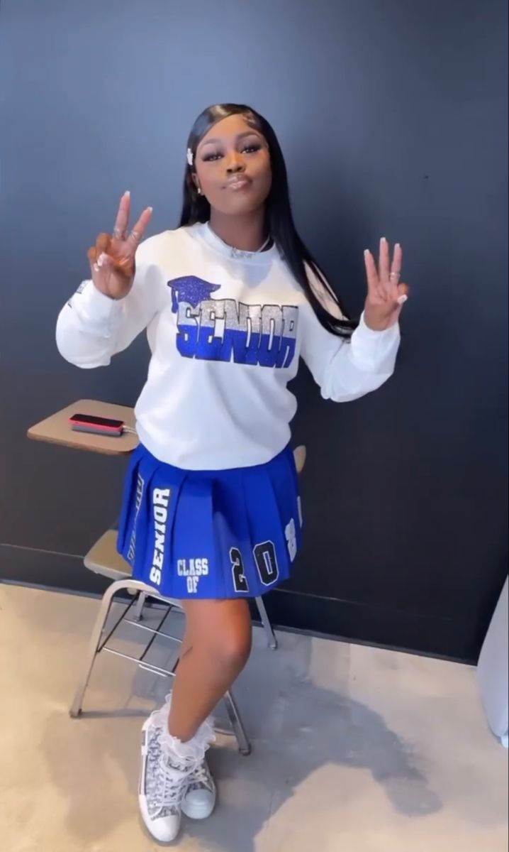 First Days Of School Outfit, Senior Skirt And Sweatshirt, Cute Graduation Outfits High School, Custom Senior Outfits Skirt, Senior Clothing Ideas, Class Of 2023 Outfit Ideas, 2025 Graduation Shirts, Class Of 2024 Senior Outfits, Last First Day Of School Senior Year Outfits