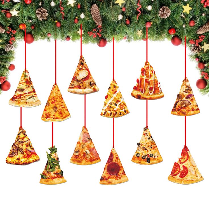 a bunch of different types of pizza hanging from a christmas tree with decorations on it