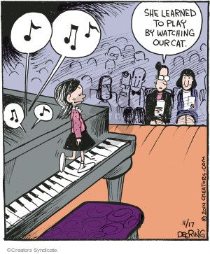 a cartoon depicting a girl playing the piano