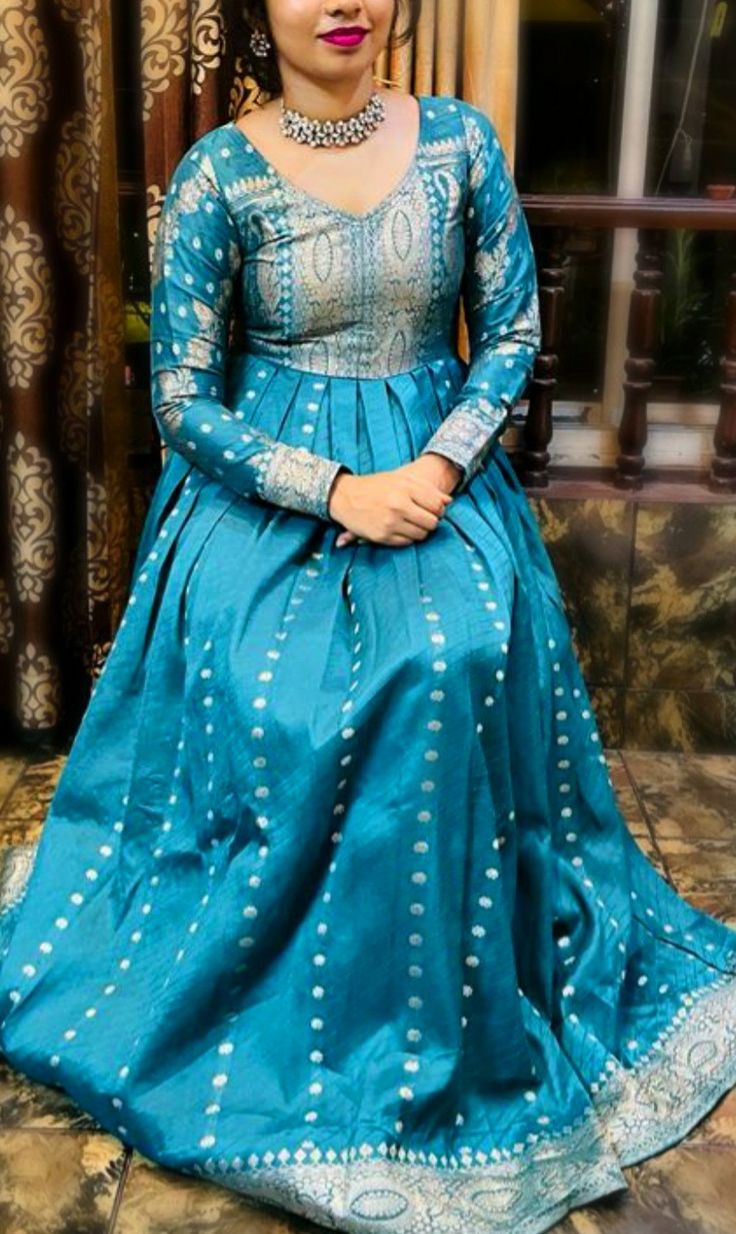 Gown Designs In Saree, Silk One Piece Dress Indian, Banaras Gowns Indian, Gowns Dresses Indian From Saree, Anarkali Dress Pattern From Silk Saree, Silk Saree Gown Designs Indian, Saree Gown Designs Indian, Dress Patterns From Old Sarees, Gowns Dresses From Saree