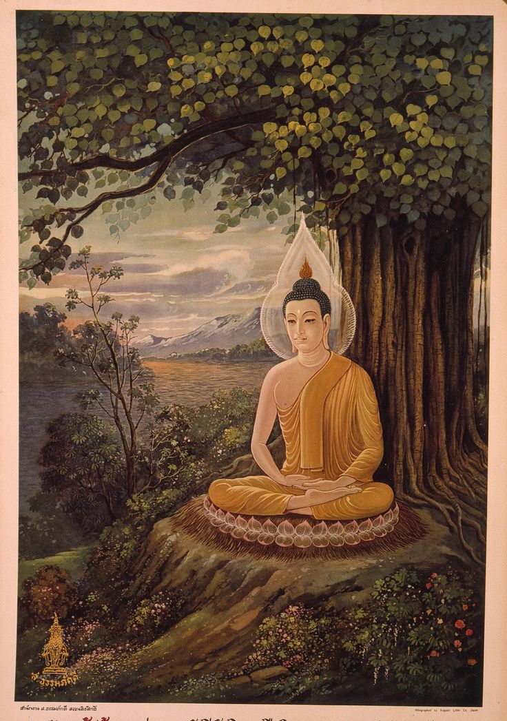 a painting of a buddha sitting in the middle of a forest with trees and flowers