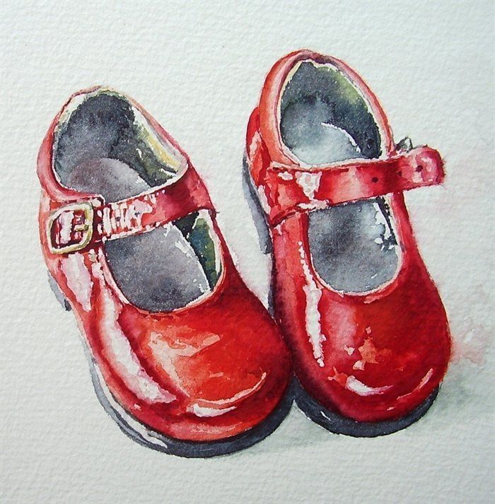 a watercolor painting of red shoes with buckles on the bottom and straps down