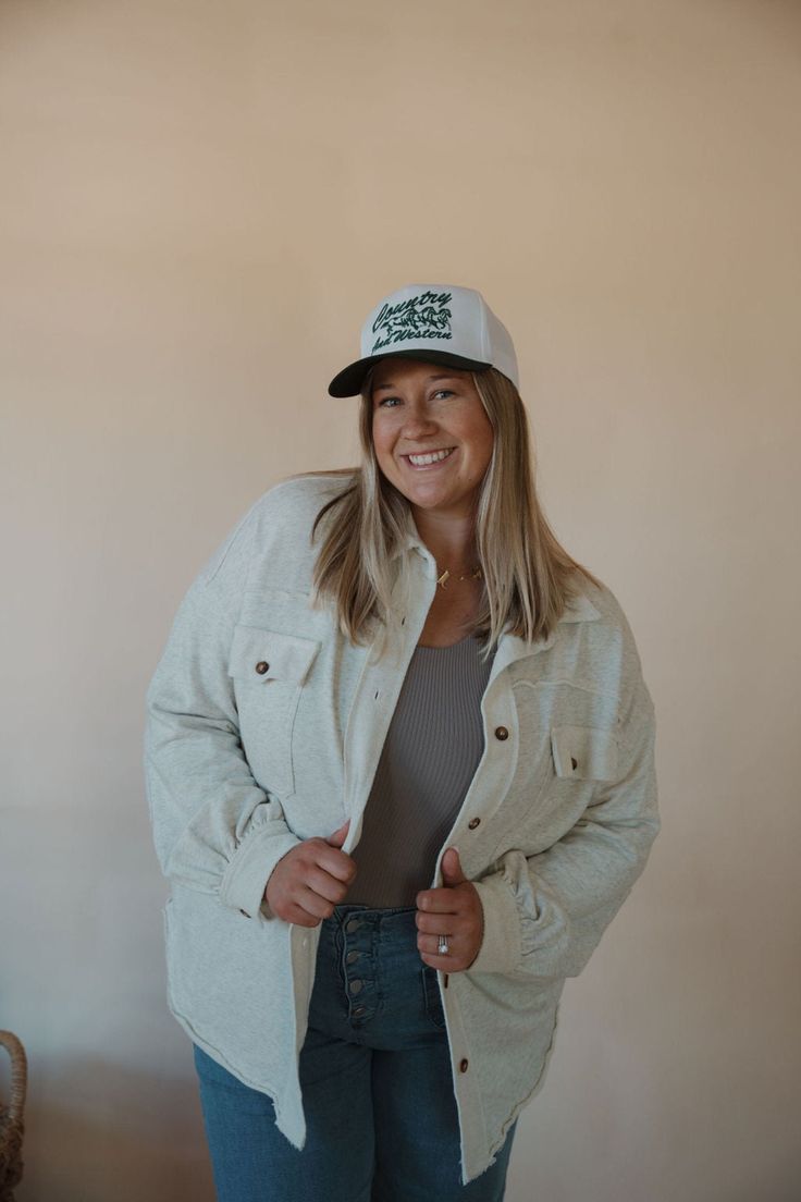 two-tone evergreen + cream trucker hat with embroidered lettering + adjustable snapback Oversized Shacket, Country And Western, Embroidered Lettering, Sweatshirt Style, Elbow Patch, Never Be The Same, Early Fall Outfit, Minimalist Wardrobe, Women's Casual Style