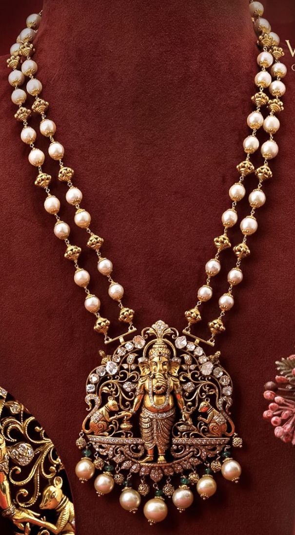 Beaded Wedding Jewelry, Gold Pendants For Men, Ganesh Pendant, Gold Haram, Antique Gold Earrings, Beaded Fashion, Neck Pieces Jewelry, Antique Necklaces Design, Exotic Jewelry