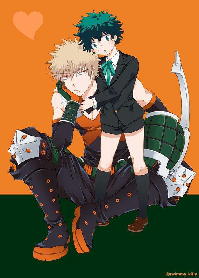 two anime characters one with green hair and the other in black clothes, holding each other