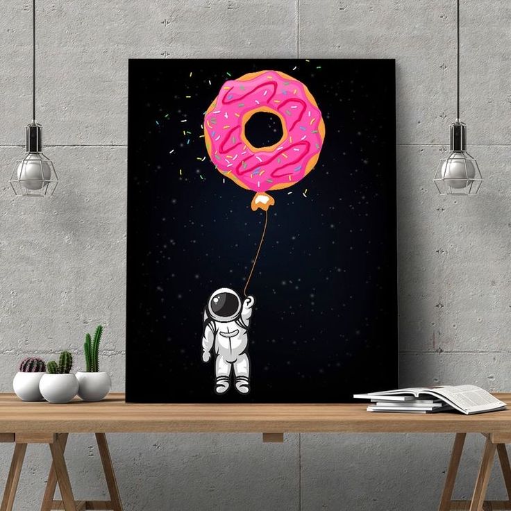 an astronaut holding a pink donut floating in the air with sprinkles on it