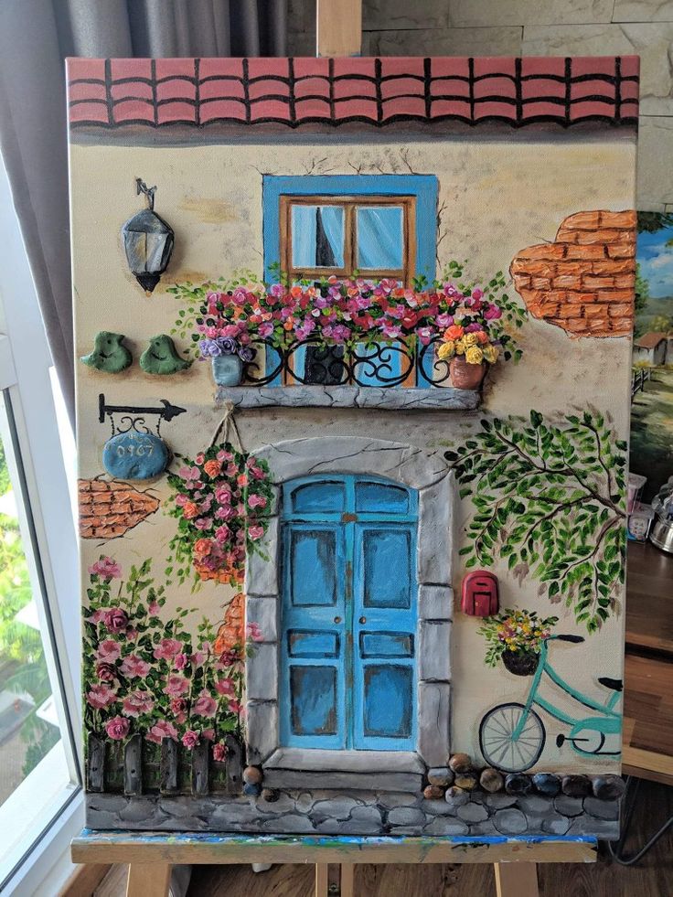 a painting of a house with flowers on the windowsill and a bicycle parked outside