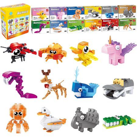 an assortment of legos and toys in the shape of animals