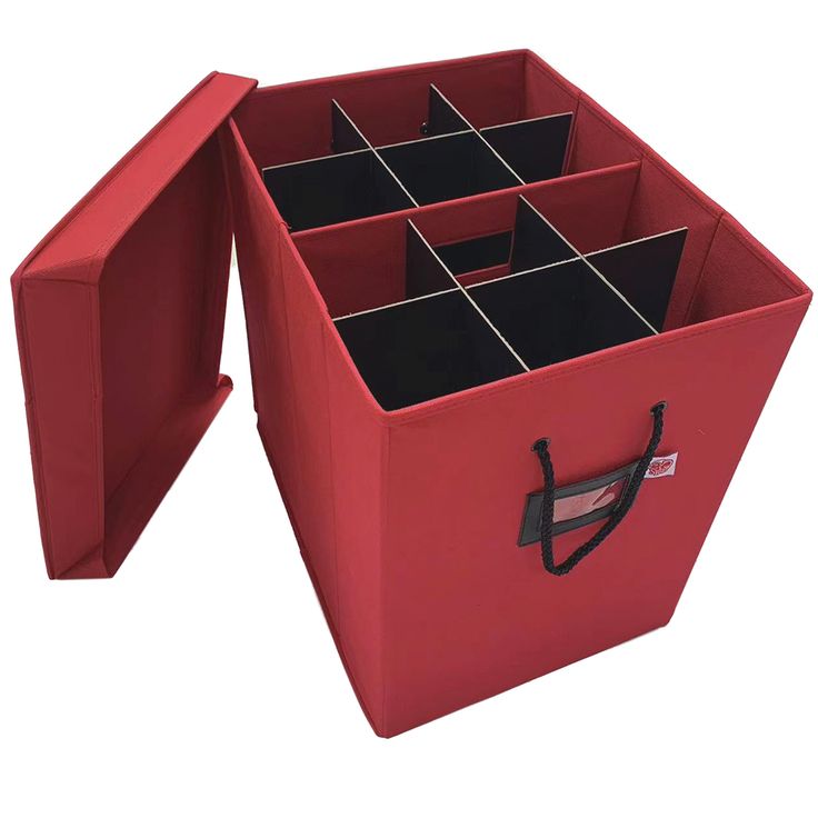 a red storage box with compartments and dividers on the bottom, open to reveal an organizer