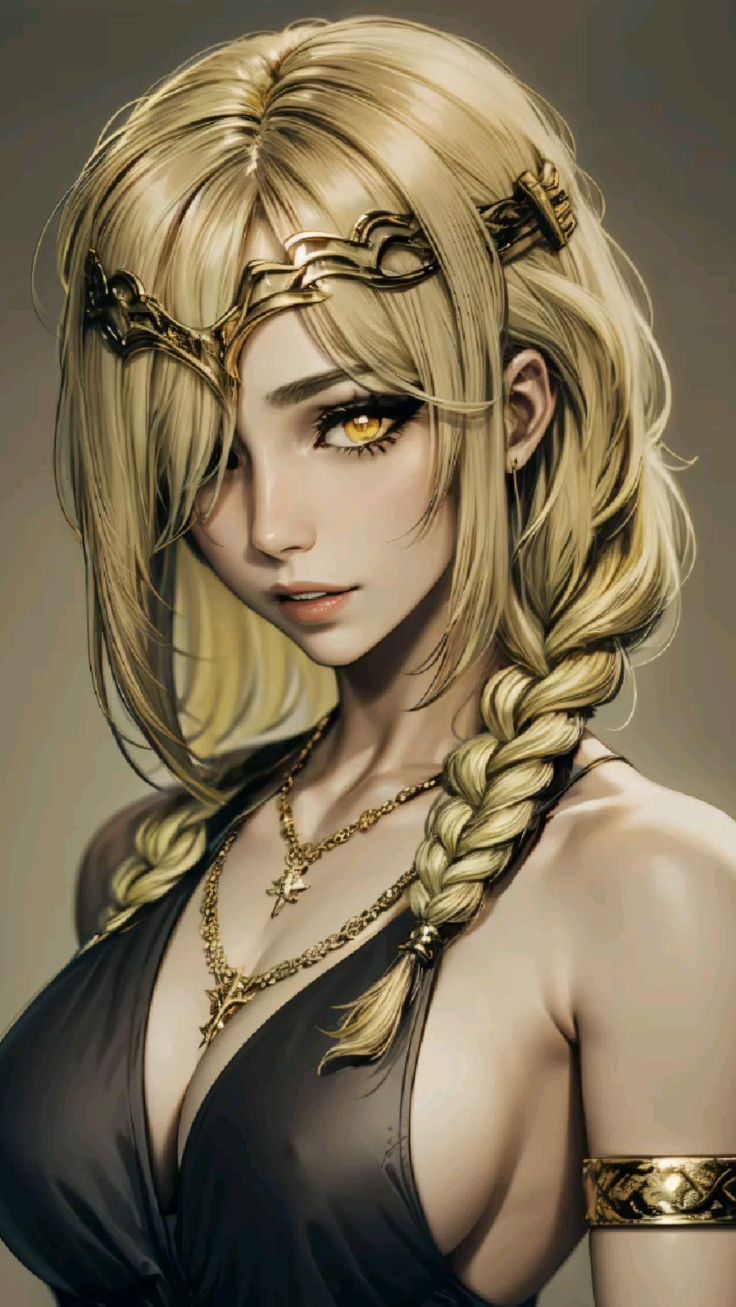 a woman with blonde hair and braids in a black dress is wearing gold jewelry