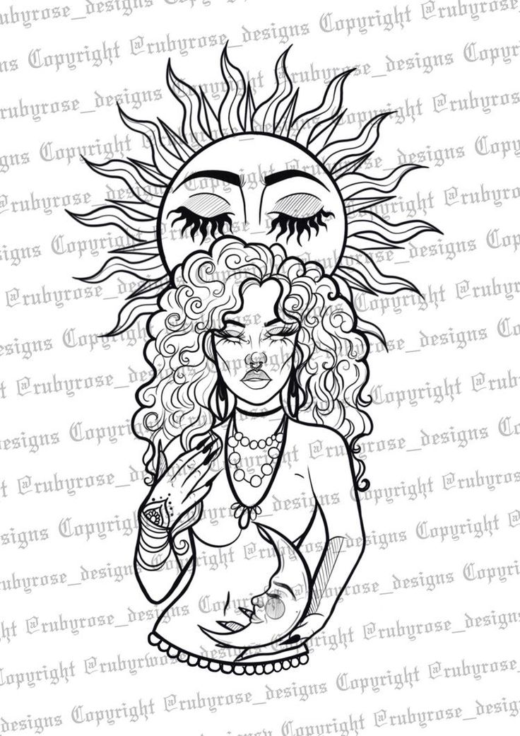 a drawing of a woman's face with sun above her head and hands on her chest